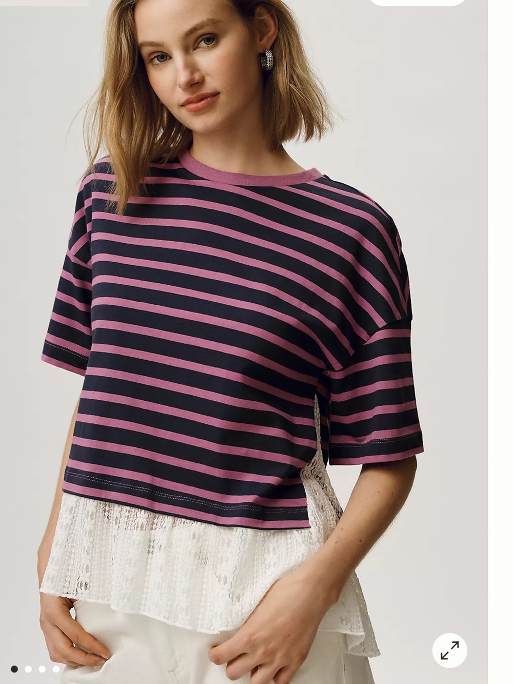 Anthropologie Maeve Twofer Lace Tee Size Large Navy Purple Stripe Lace Top